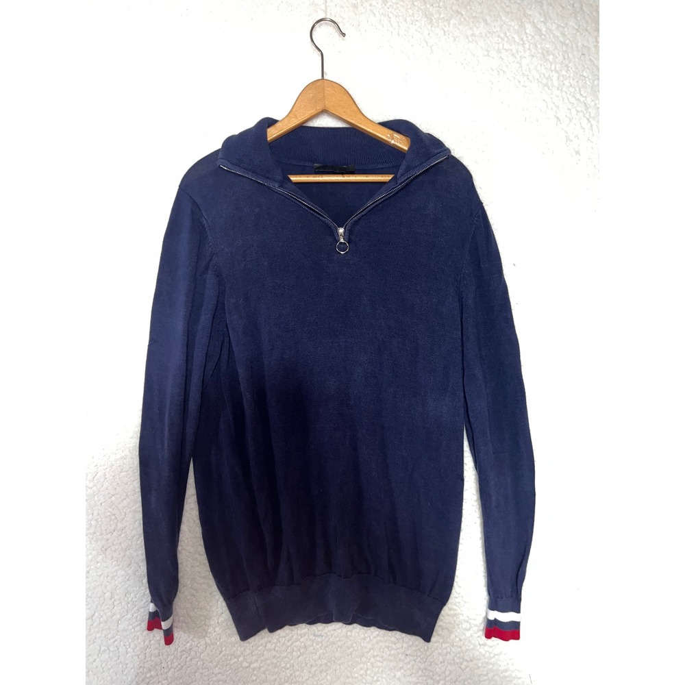 G/FORE Mens Quarter Zip Sweater Navy Blue Striped Cuffs Golf Pullover Large‎